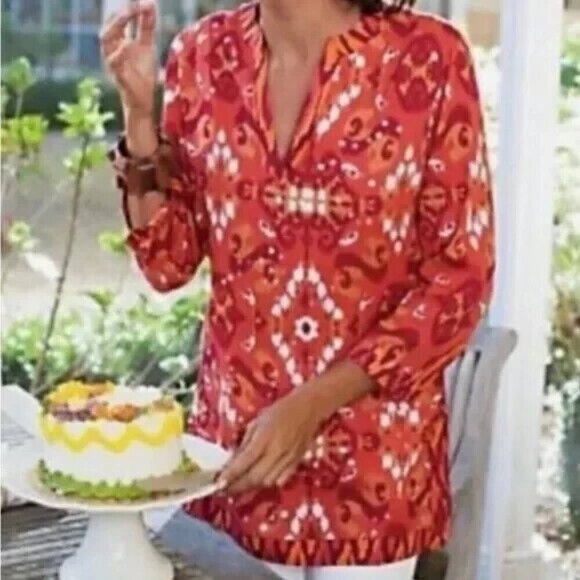 Soft Surroundings Ikat Print V-Neck Sequins Embellished 3/4 Sleeve Boho Tunic XL - Picture 6 of 6